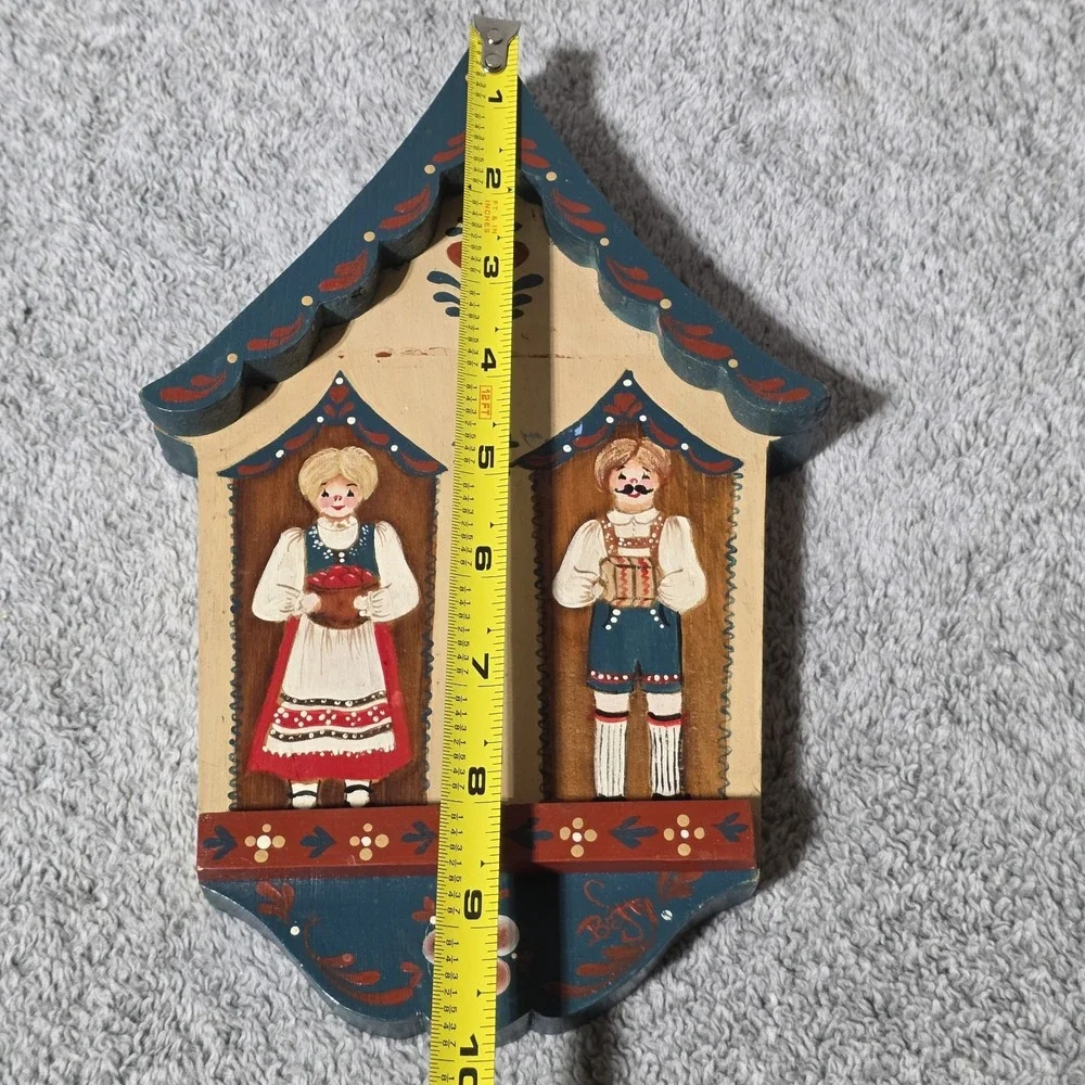 Vintage Folk Art Thermometer Wooden Hand Painted Decor 80s Hanging